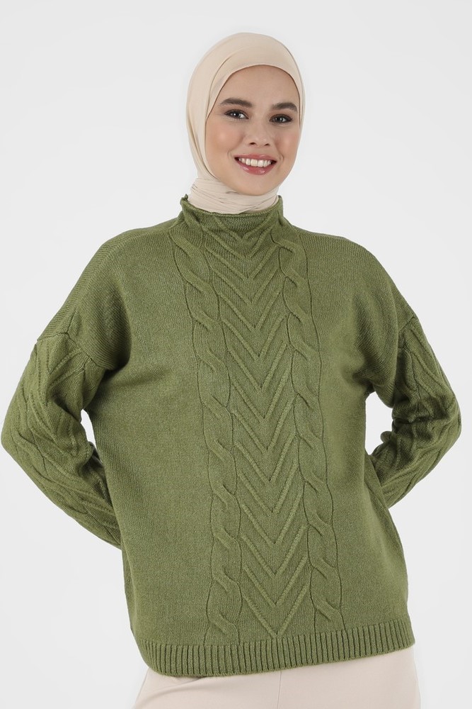 Jakarlı Triko Kazak - Çağla Yeşili - Casual