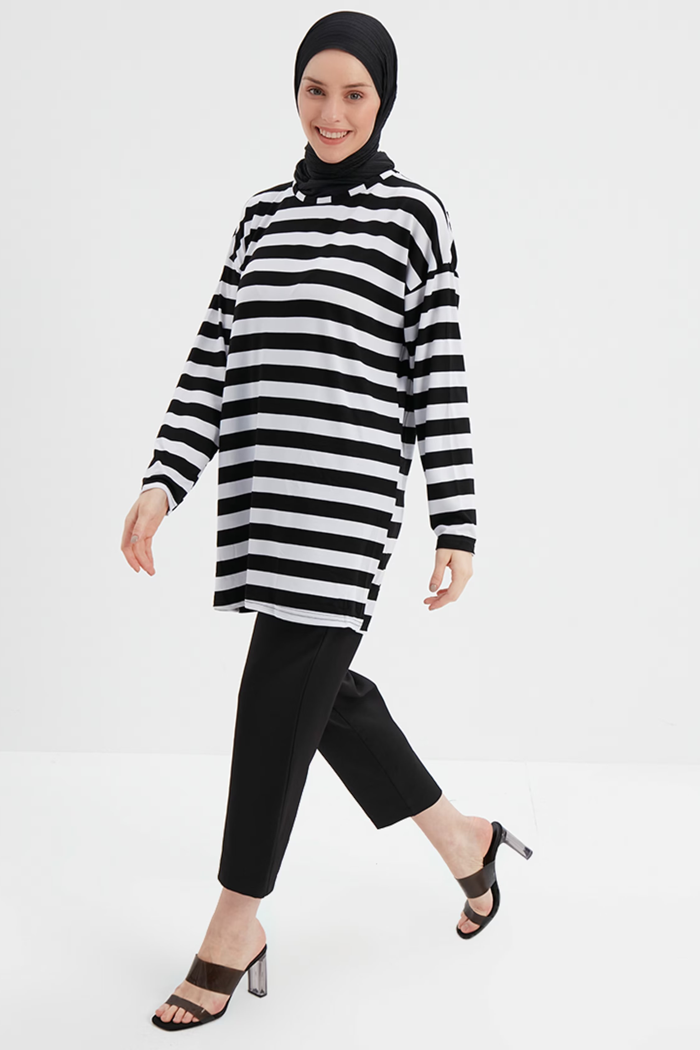 Enine Çizgili Oversize Tunik - Siyah