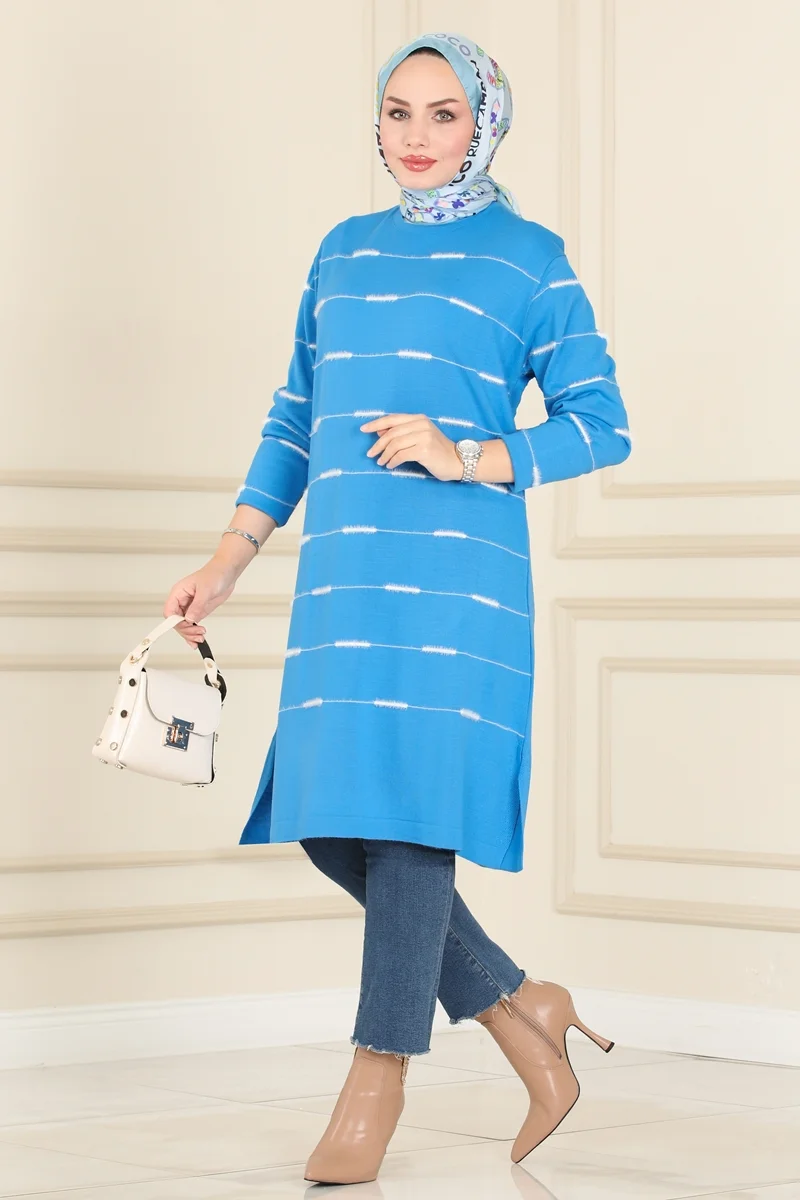 Çizgi Desen Triko Tunik 2301MT581 Mavi